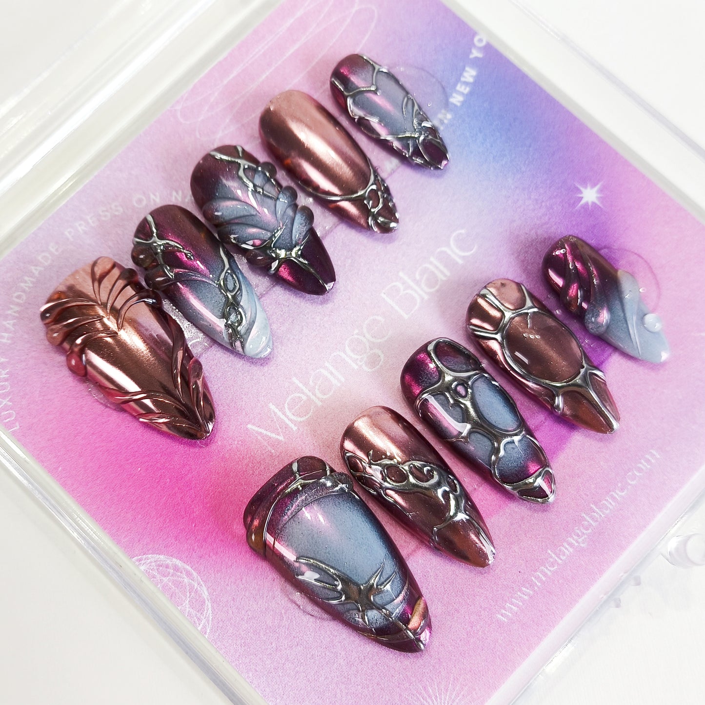 Gothic purple 3D silver chrome abstract press on nails - RTS