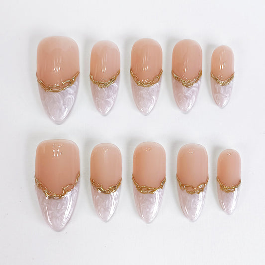 White marble gold chrome almond press on nails