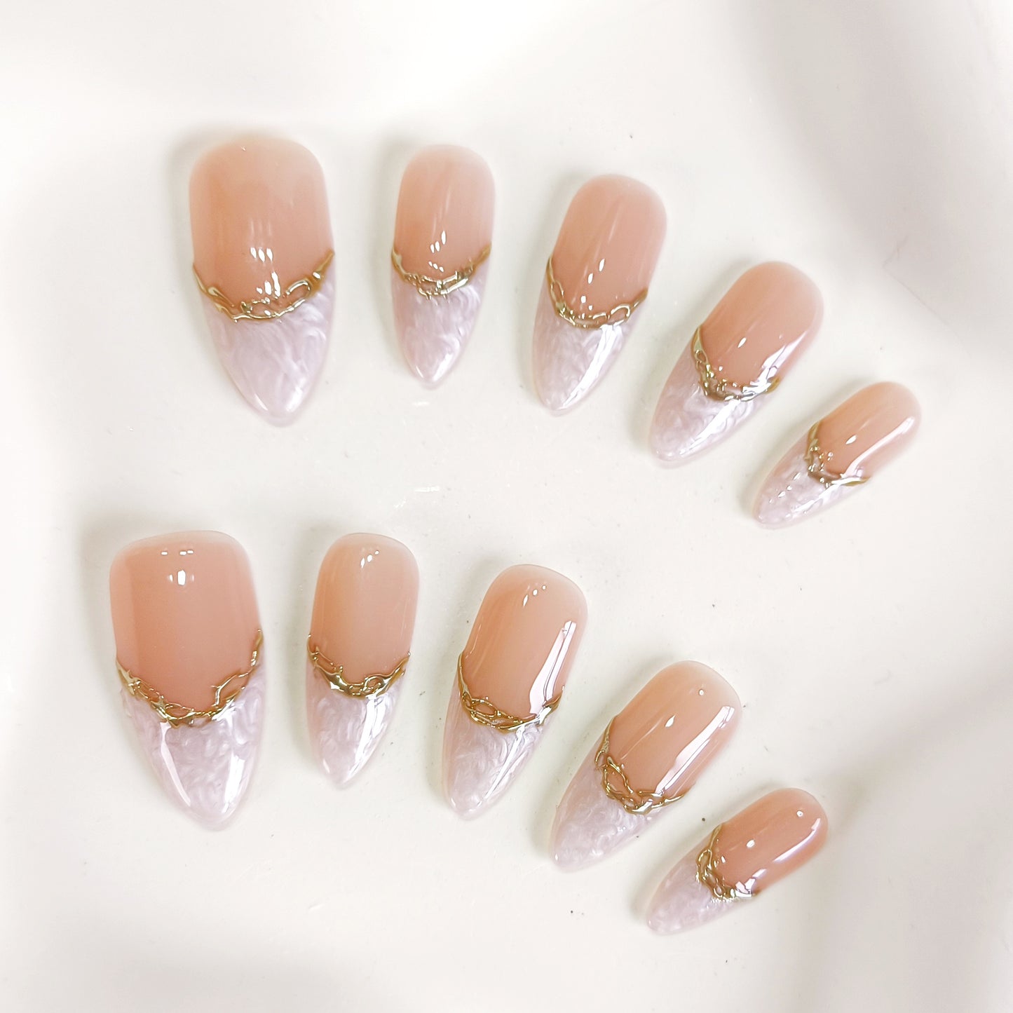 PO124 white marble gold chrome press on nails