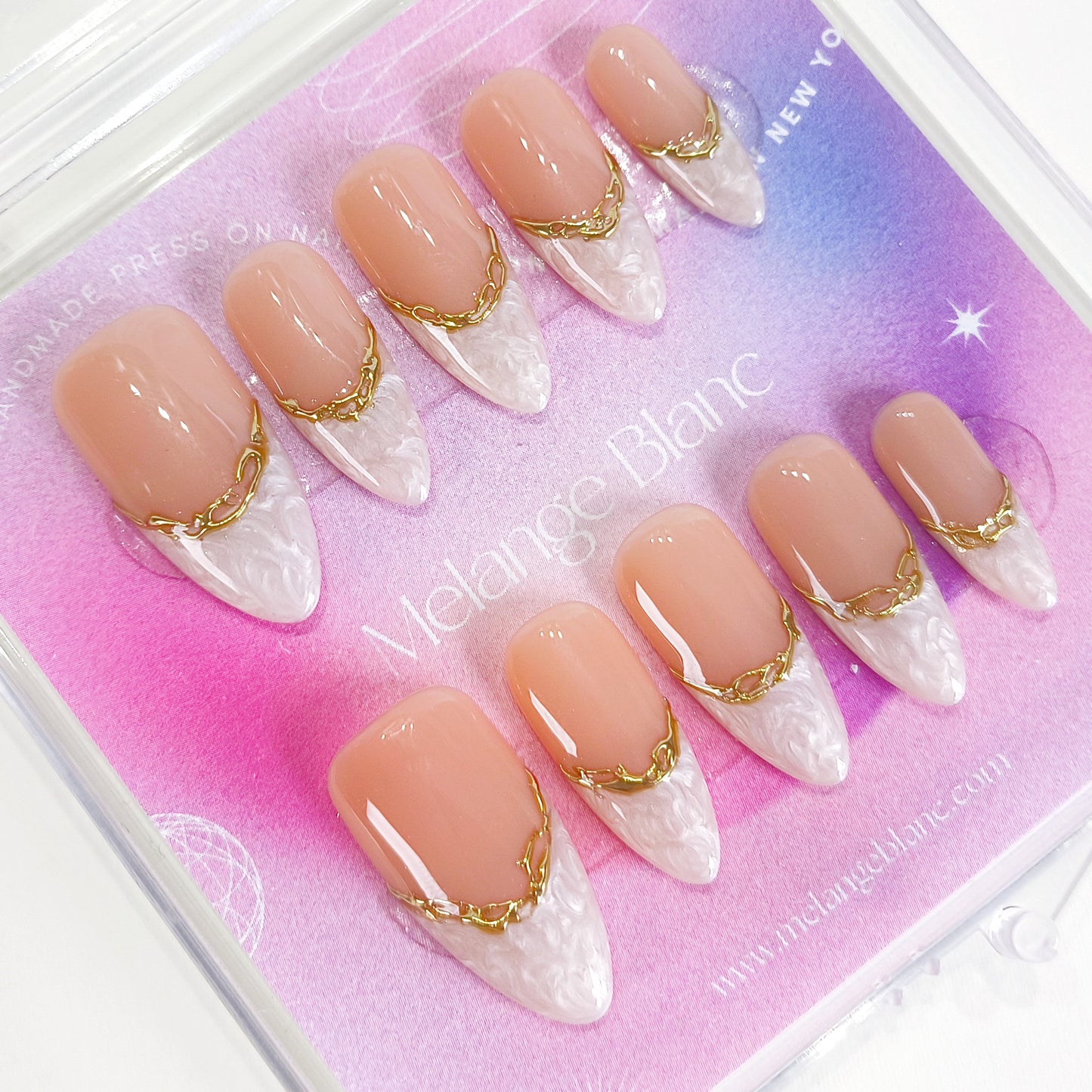 White marble gold chrome almond press on nails