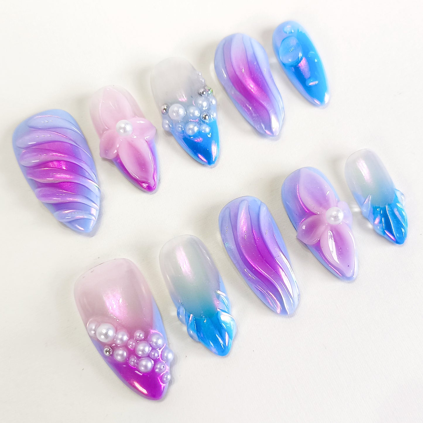 PO126 3d blue ombre mermaid press on nails