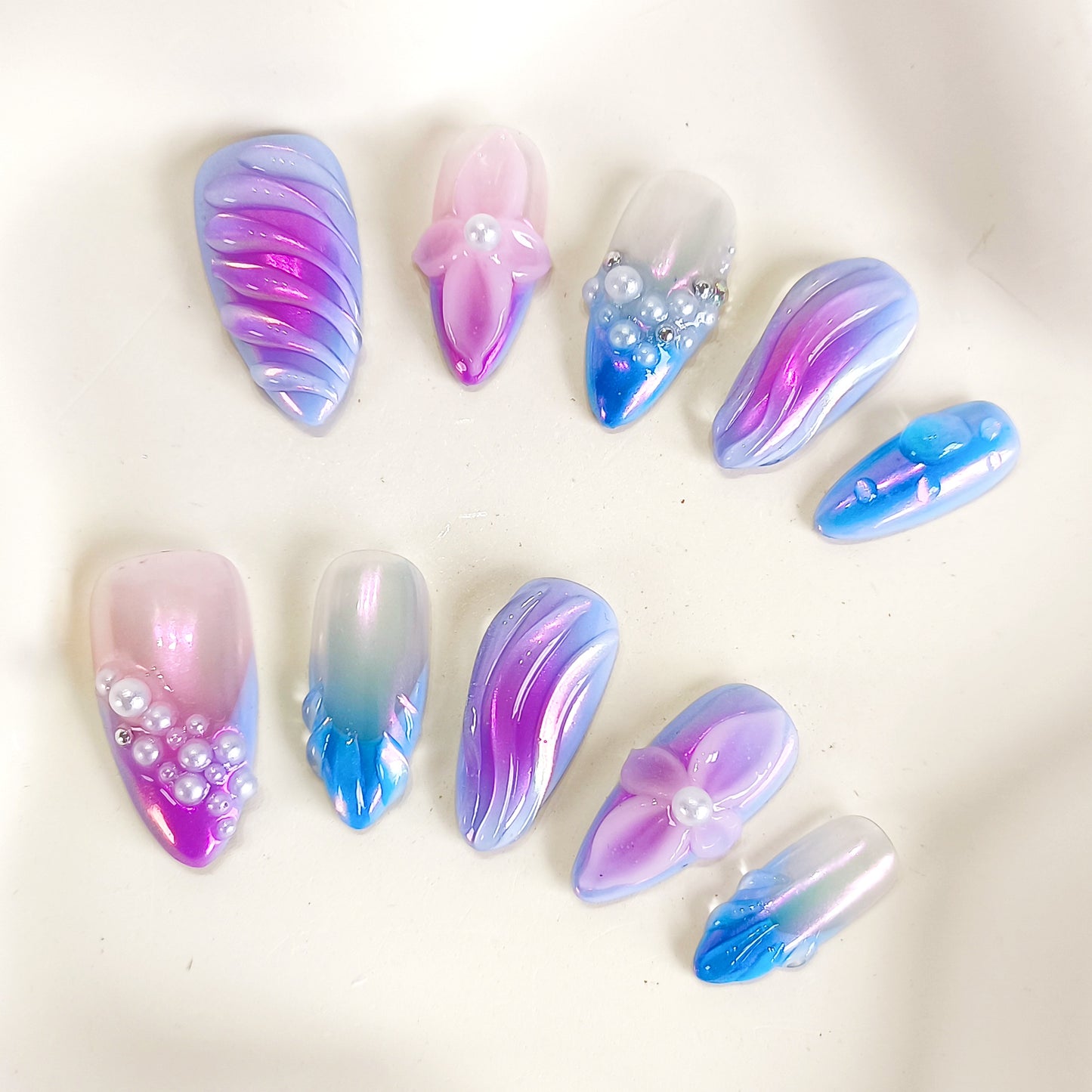 PO126 3d blue ombre mermaid press on nails