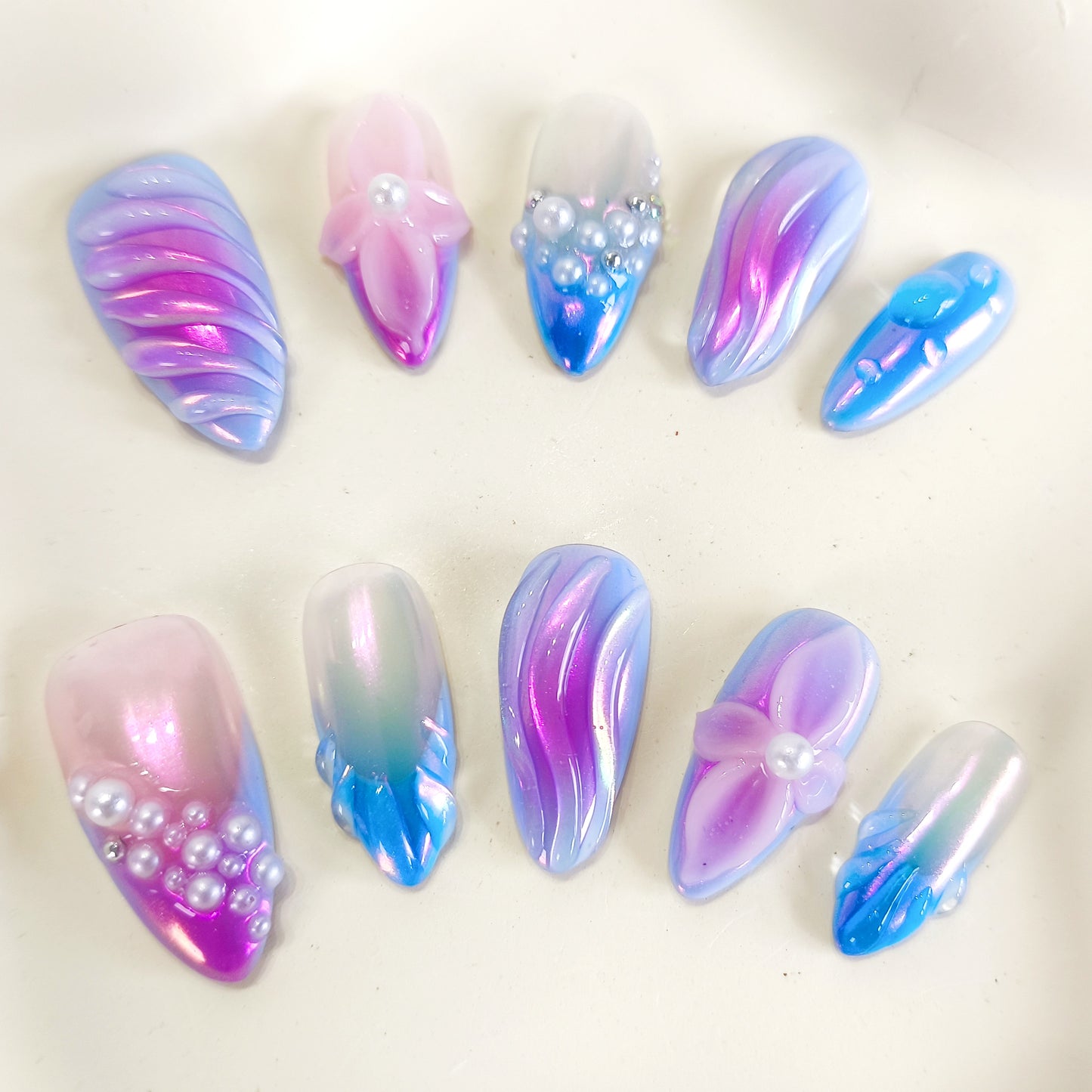 PO126 3d blue ombre mermaid press on nails
