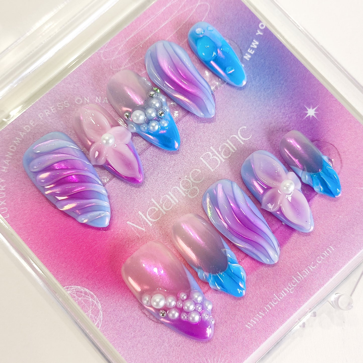 PO126 3d blue ombre mermaid press on nails