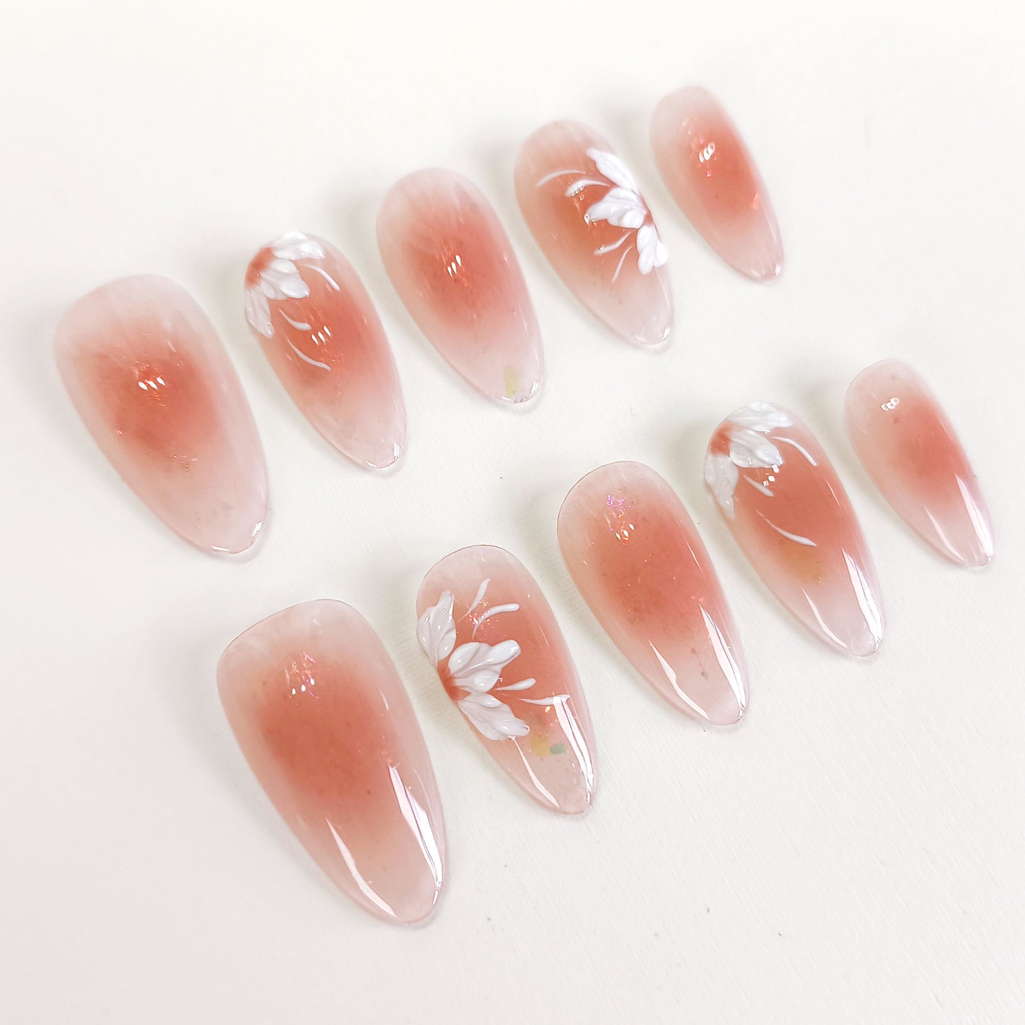 PO127 white flower blush aura almond press on nails