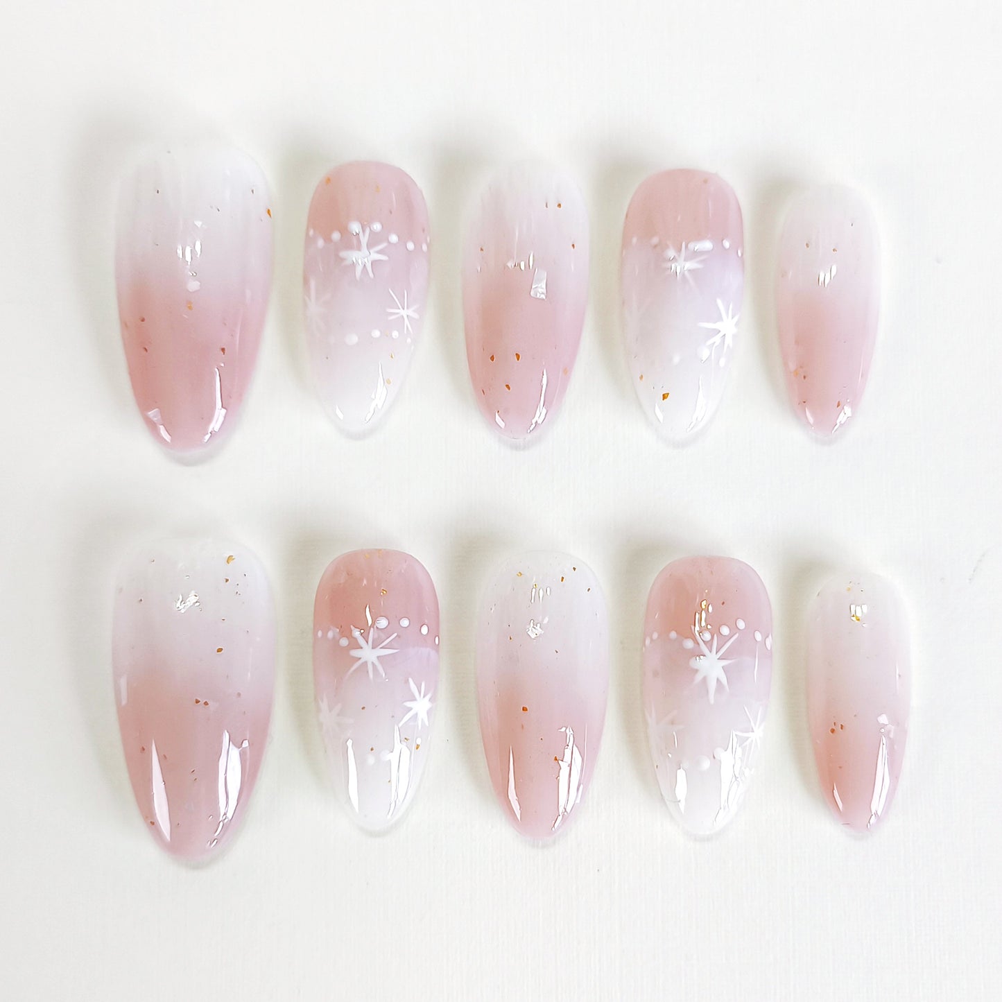 PO128 blush ombre white star oval press on nails