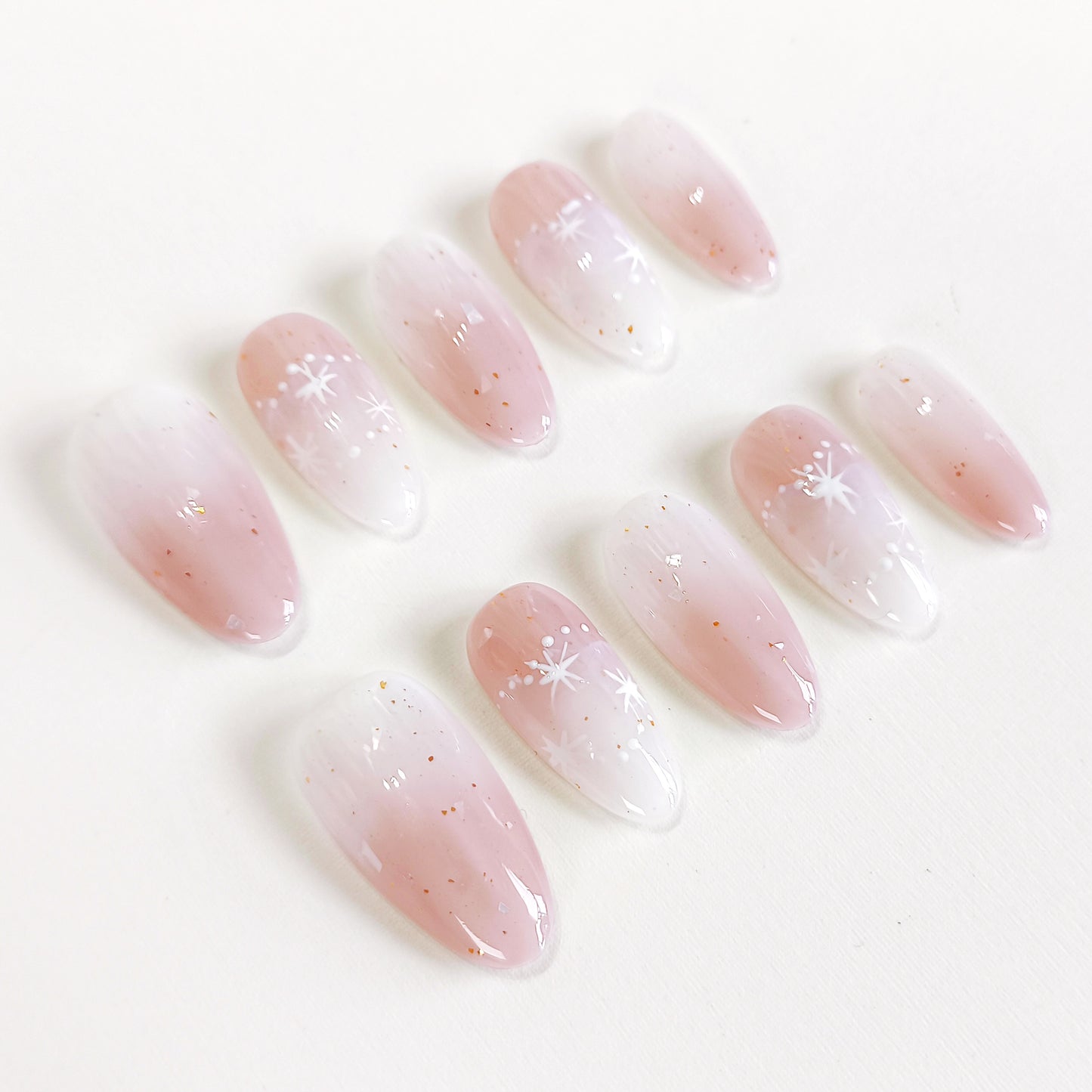 PO128 blush ombre white star oval press on nails