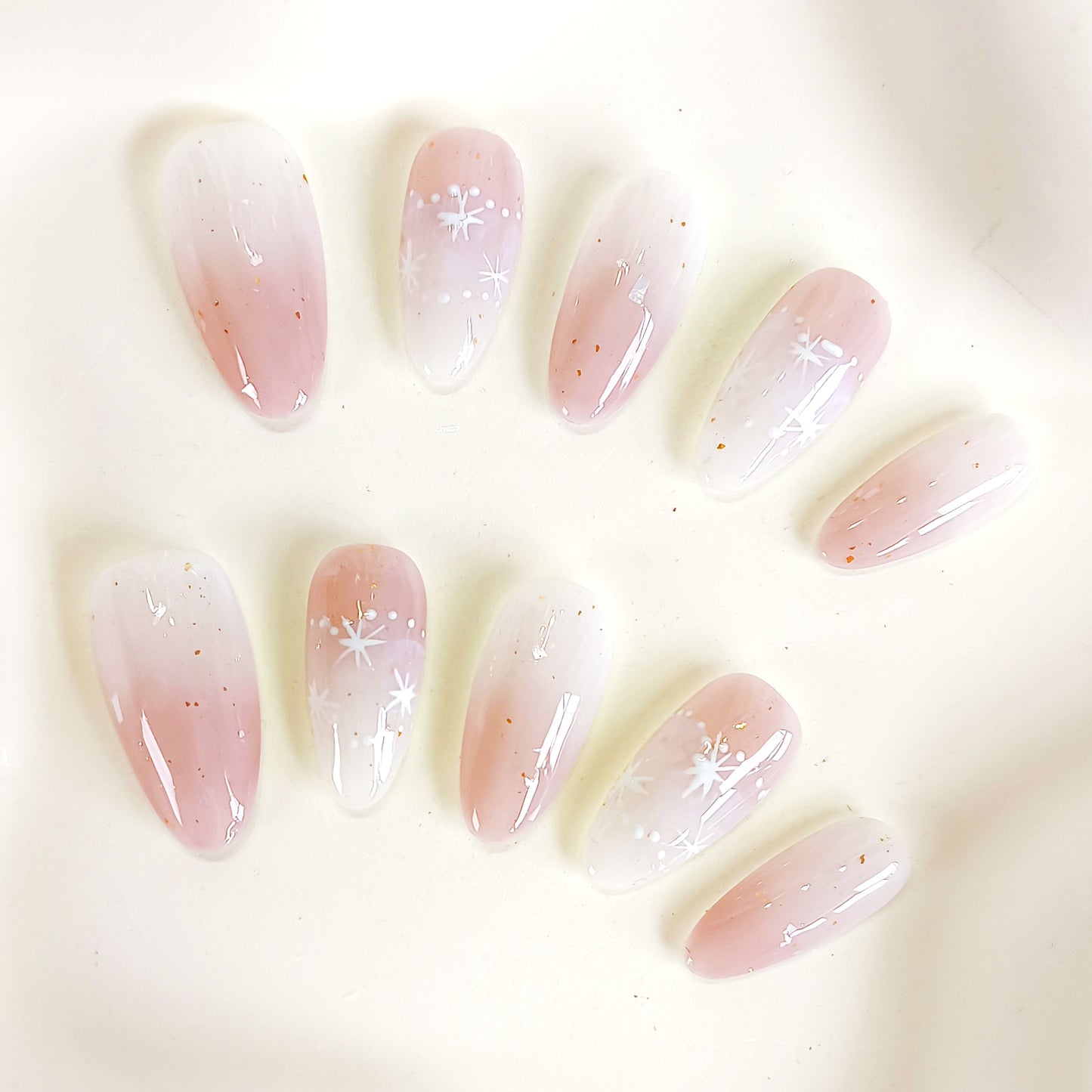 PO128 blush ombre white star oval press on nails