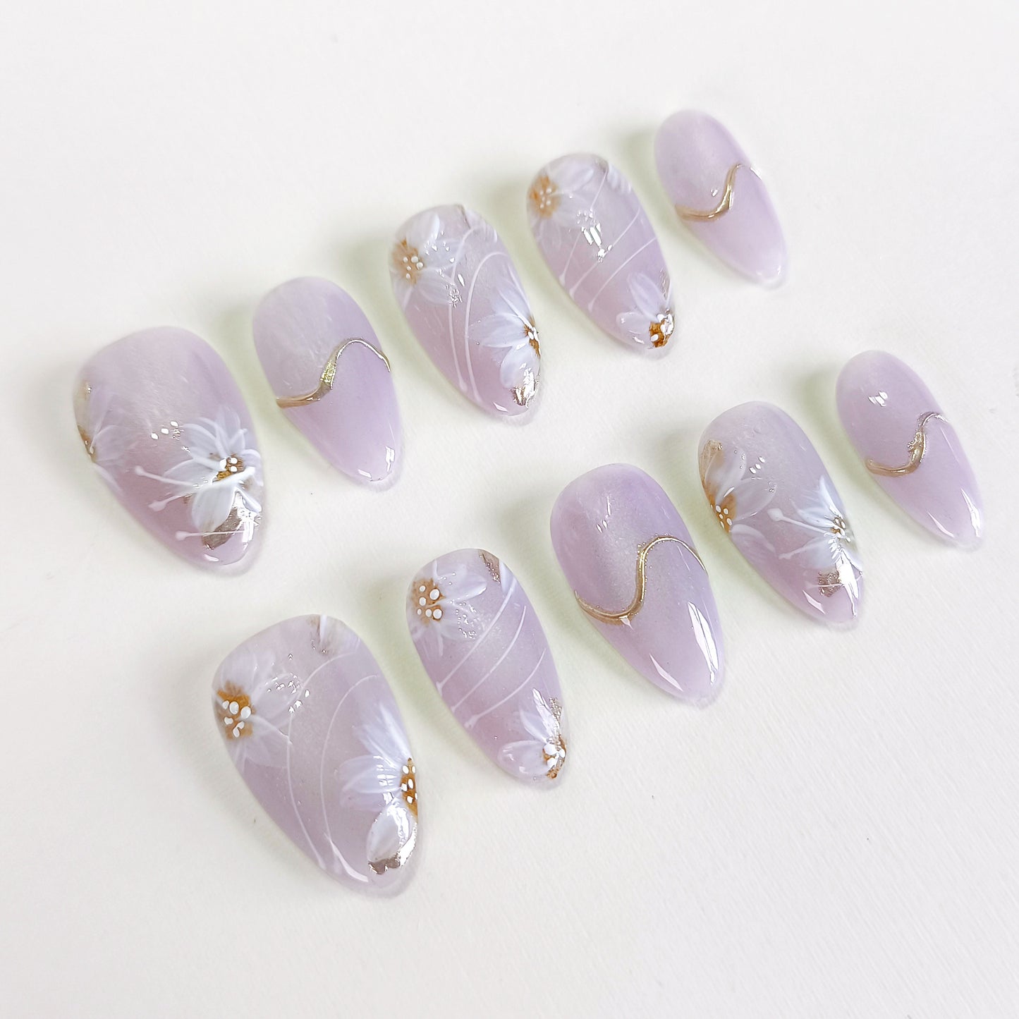 PO129 lilac flower cat eye chrome almond press on nails