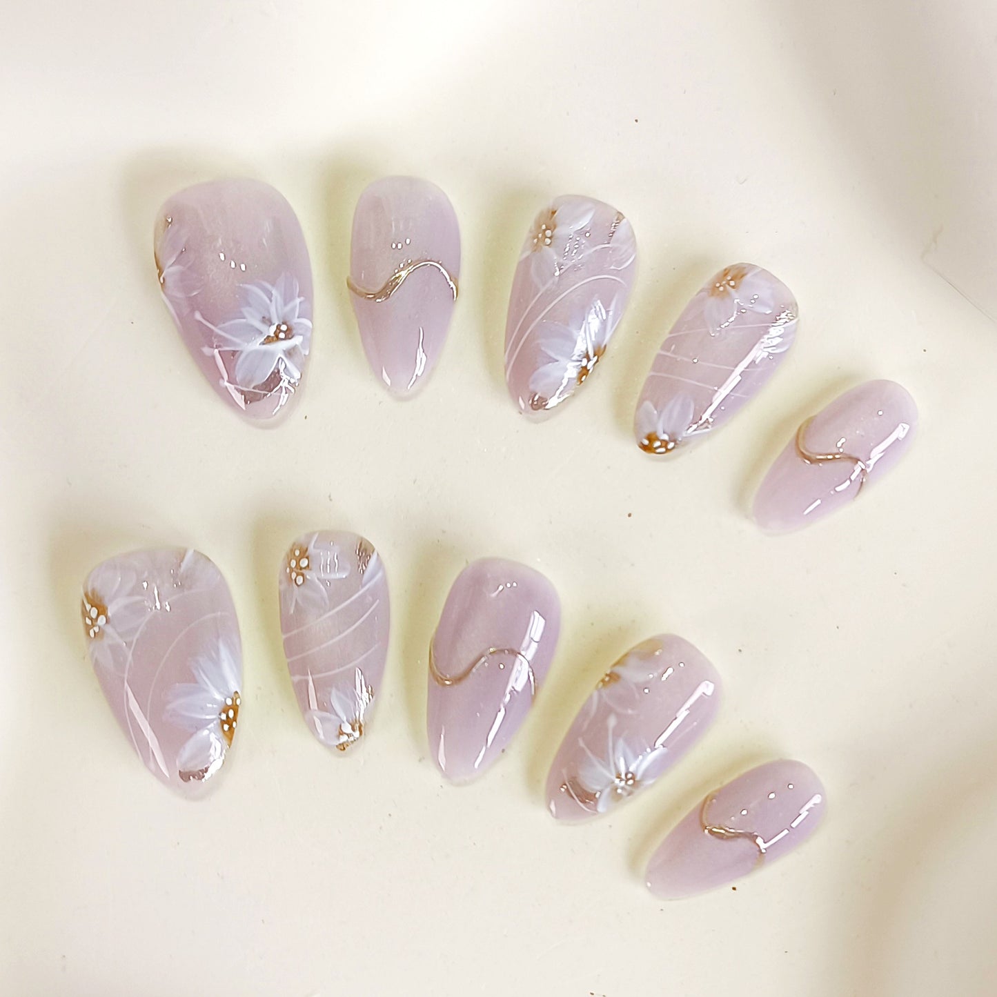 PO129 lilac flower cat eye chrome almond press on nails