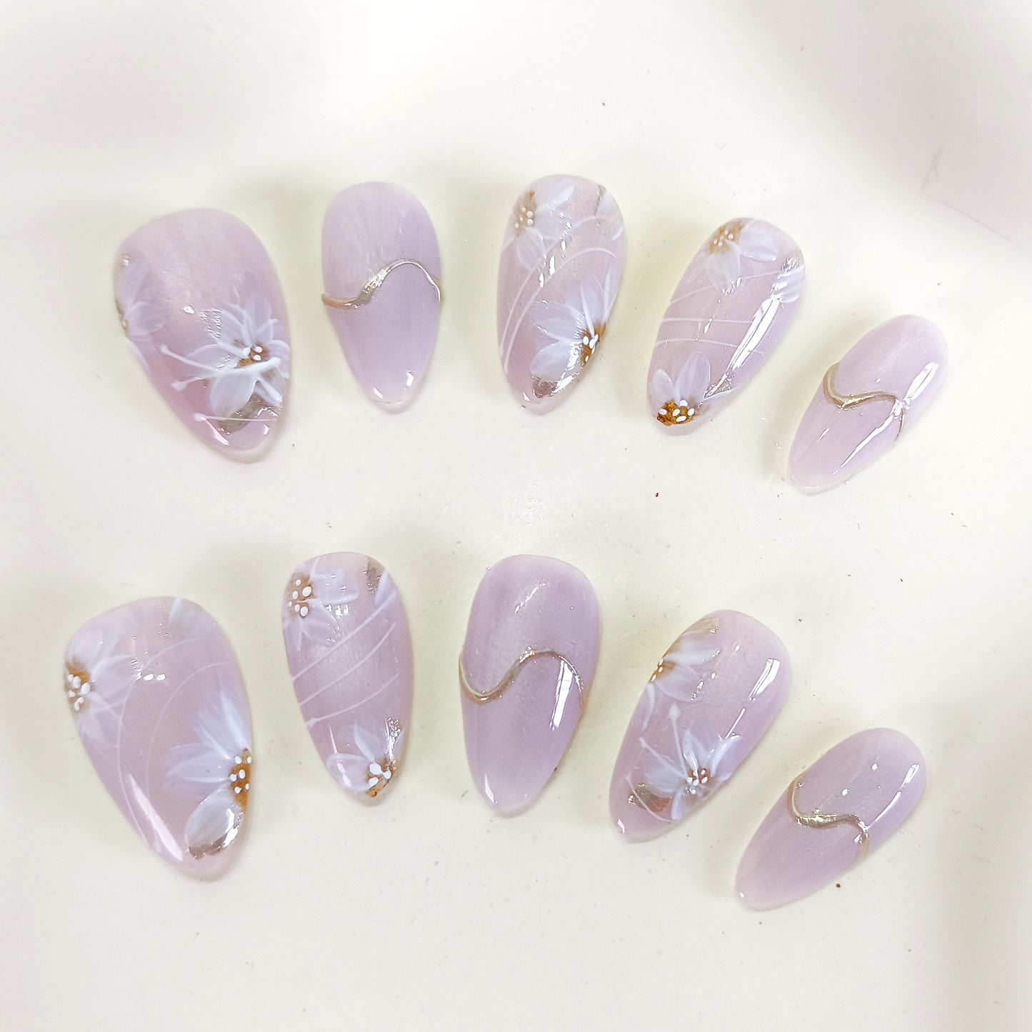 PO129 lilac flower cat eye chrome almond press on nails