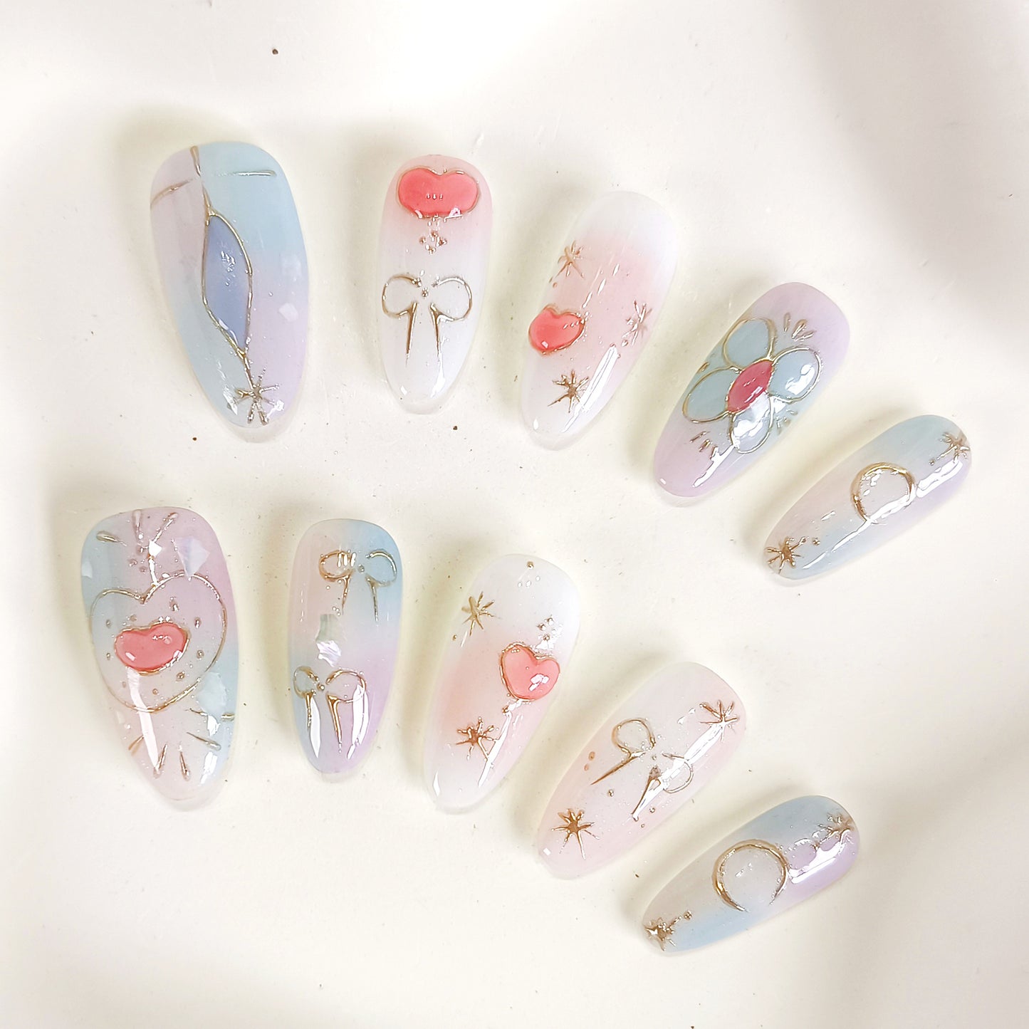 PO131 cute pastel blue aura oval press on nails