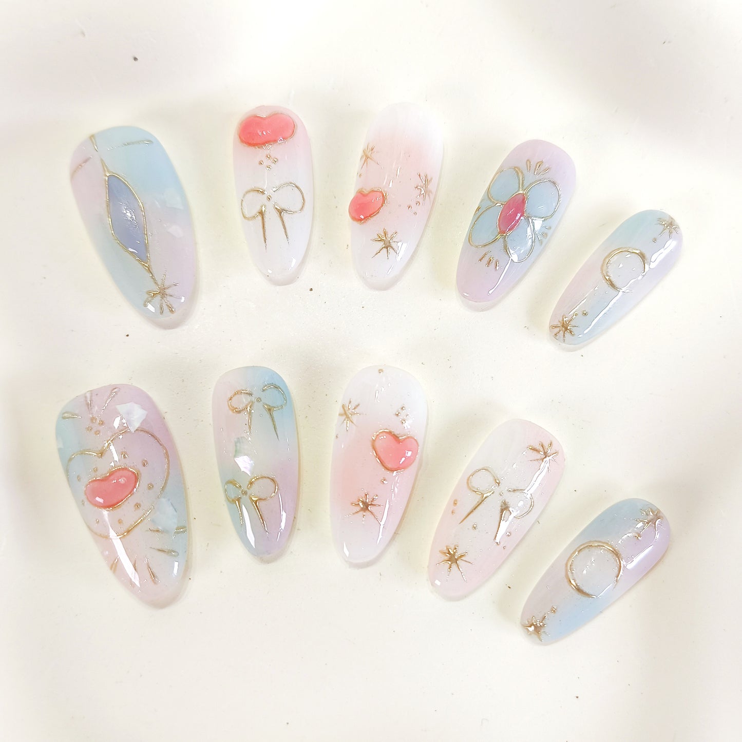 PO131 cute pastel blue aura oval press on nails