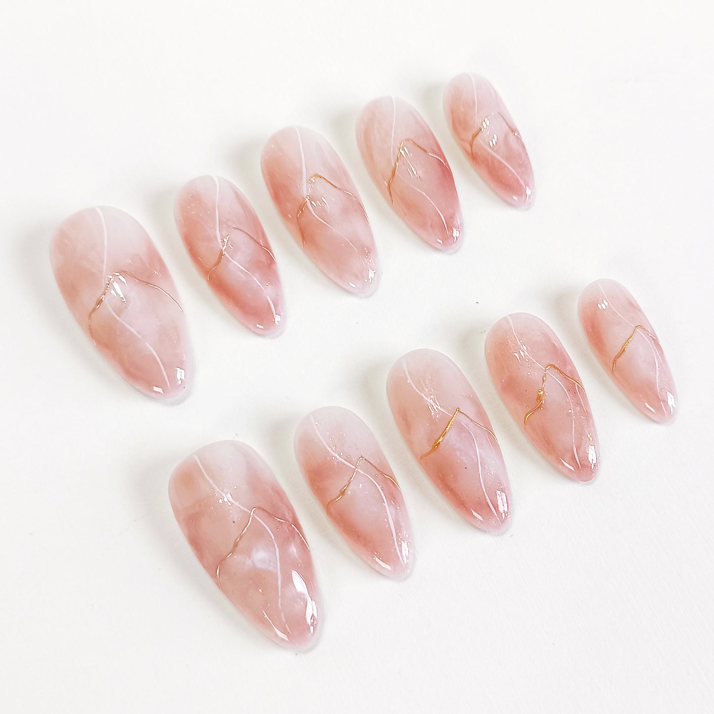PO132 pink marble gold chrome almond press on nails