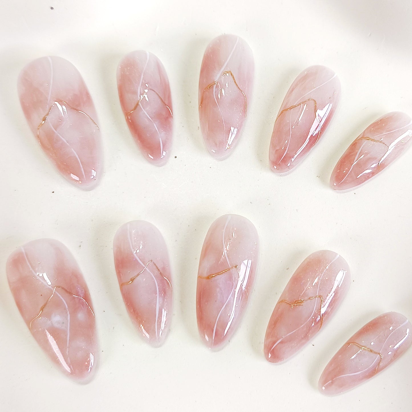 PO132 pink marble gold chrome almond press on nails