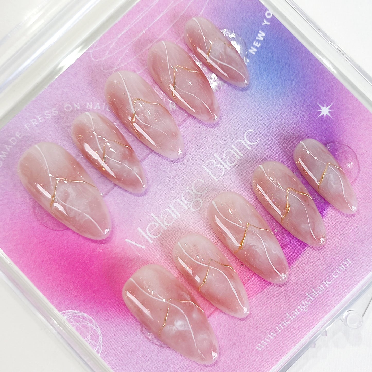 PO132 pink marble gold chrome almond press on nails