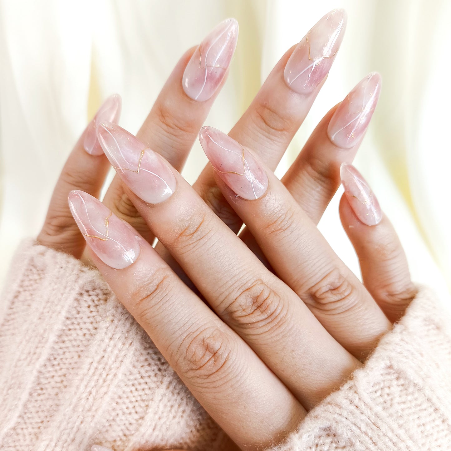PO132 pink marble gold chrome almond press on nails