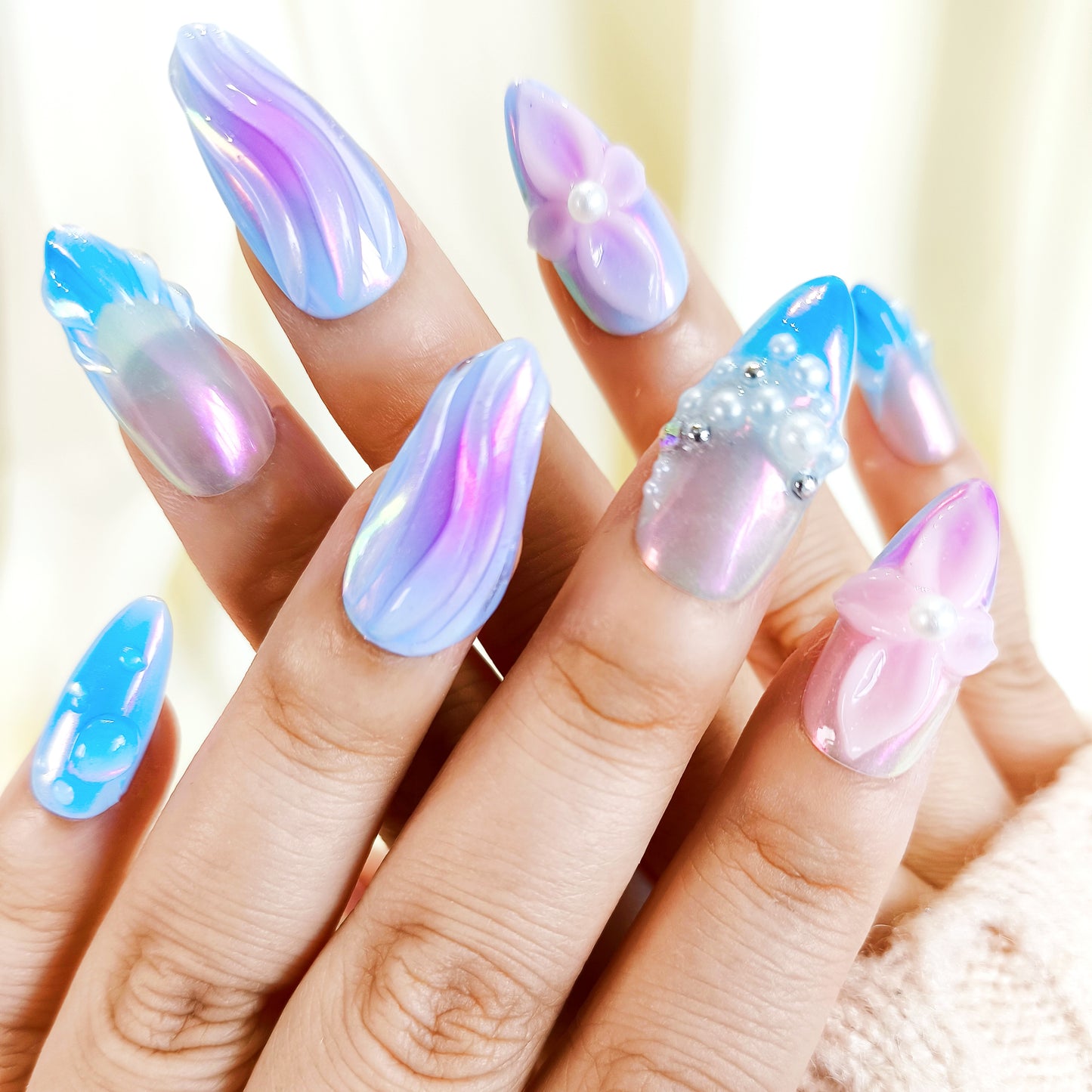 PO126 3d blue ombre mermaid press on nails