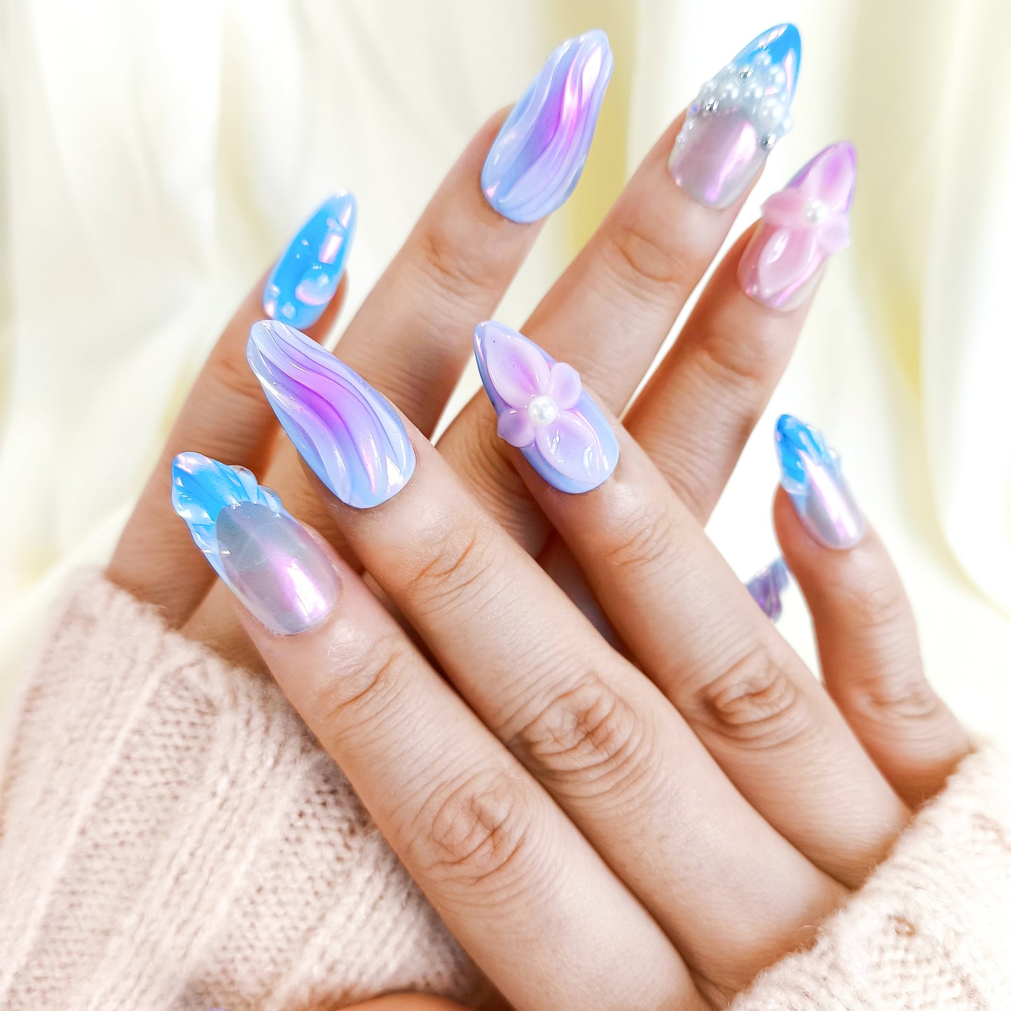 PO126 3d blue ombre mermaid press on nails