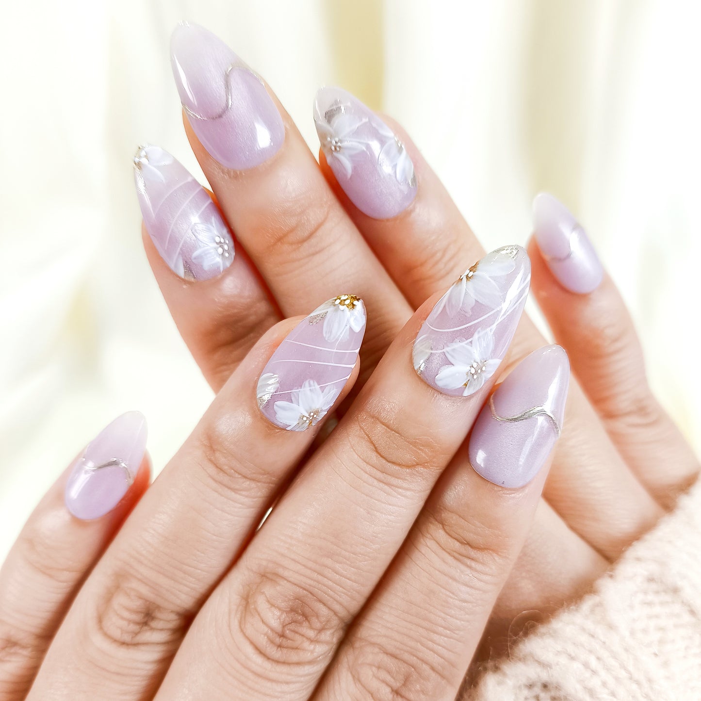 PO129 lilac flower cat eye chrome almond press on nails
