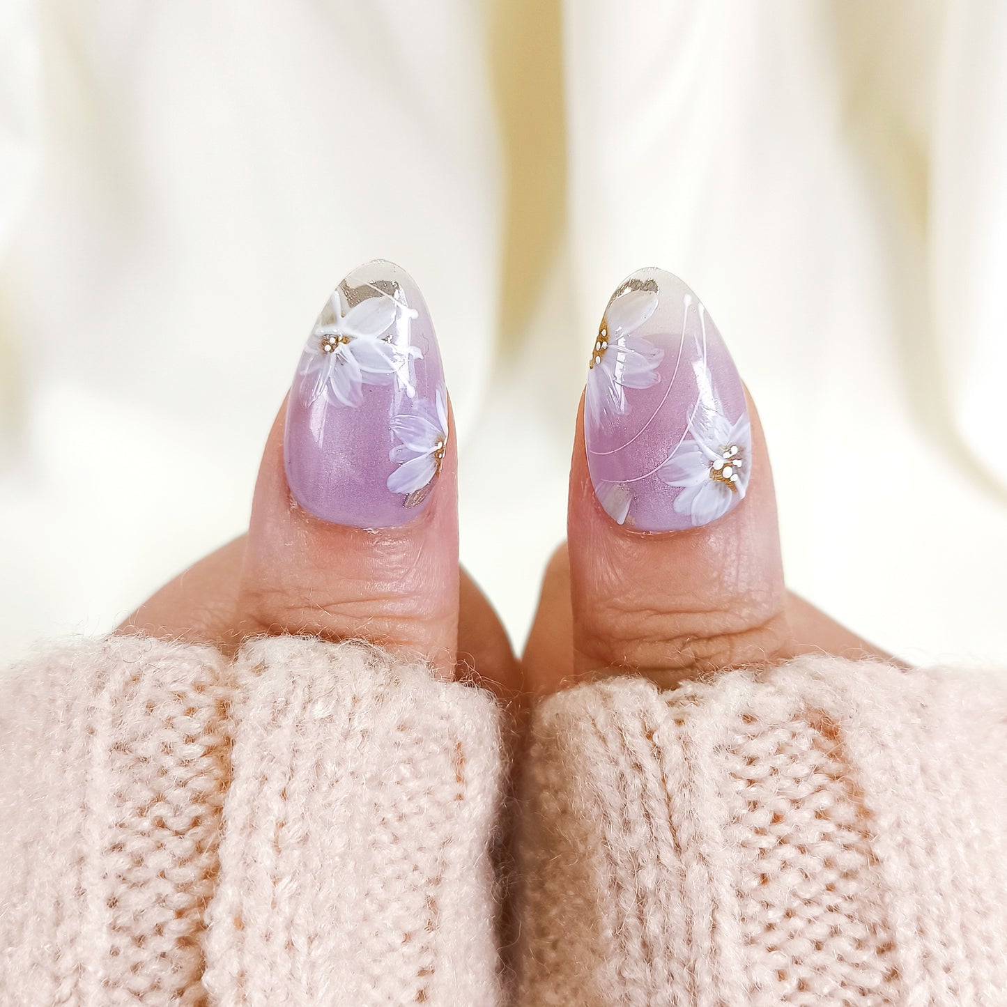 PO129 lilac flower cat eye chrome almond press on nails