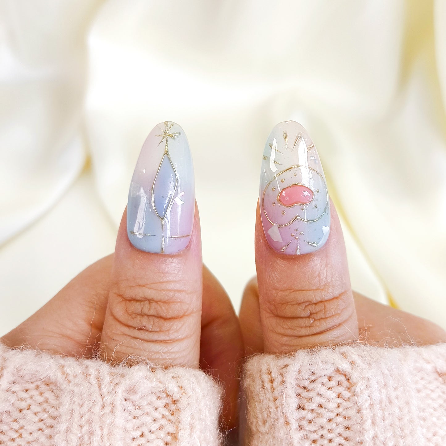 PO131 cute pastel blue aura oval press on nails