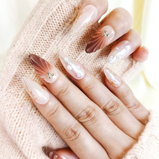 Brown ombre pearl white 3d shell press on nails