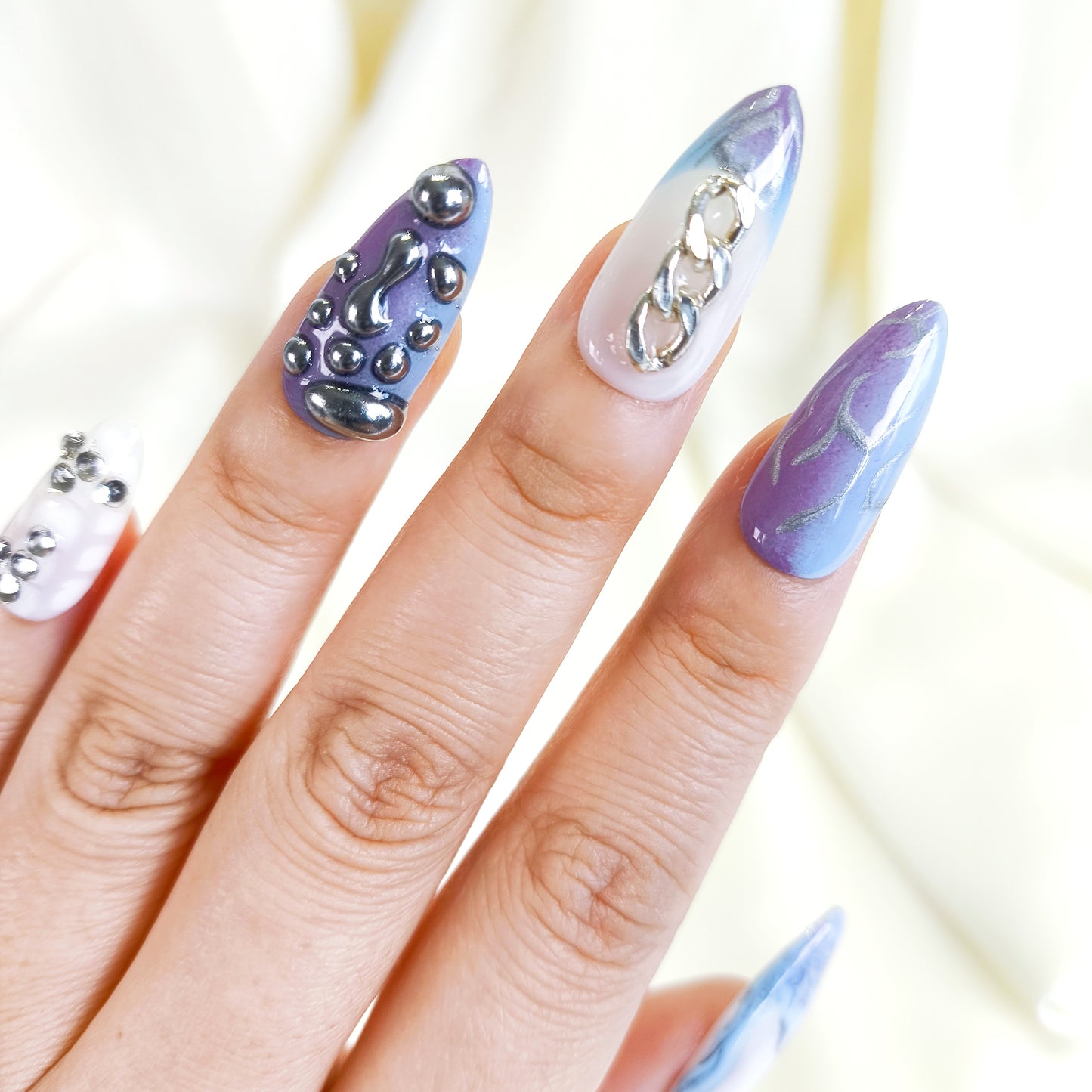 PO115 Purple Blue 3D silver chrome Press On Nails with chains
