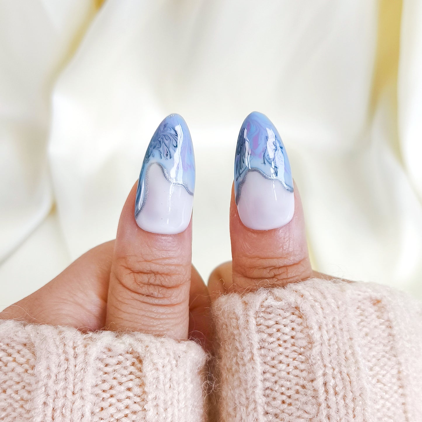 PO115 Purple Blue 3D silver chrome Press On Nails with chains