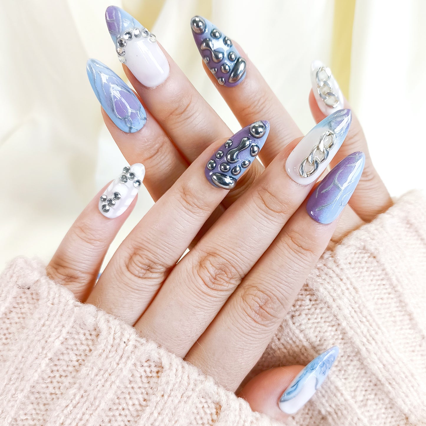 PO115 Purple Blue 3D silver chrome Press On Nails with chains