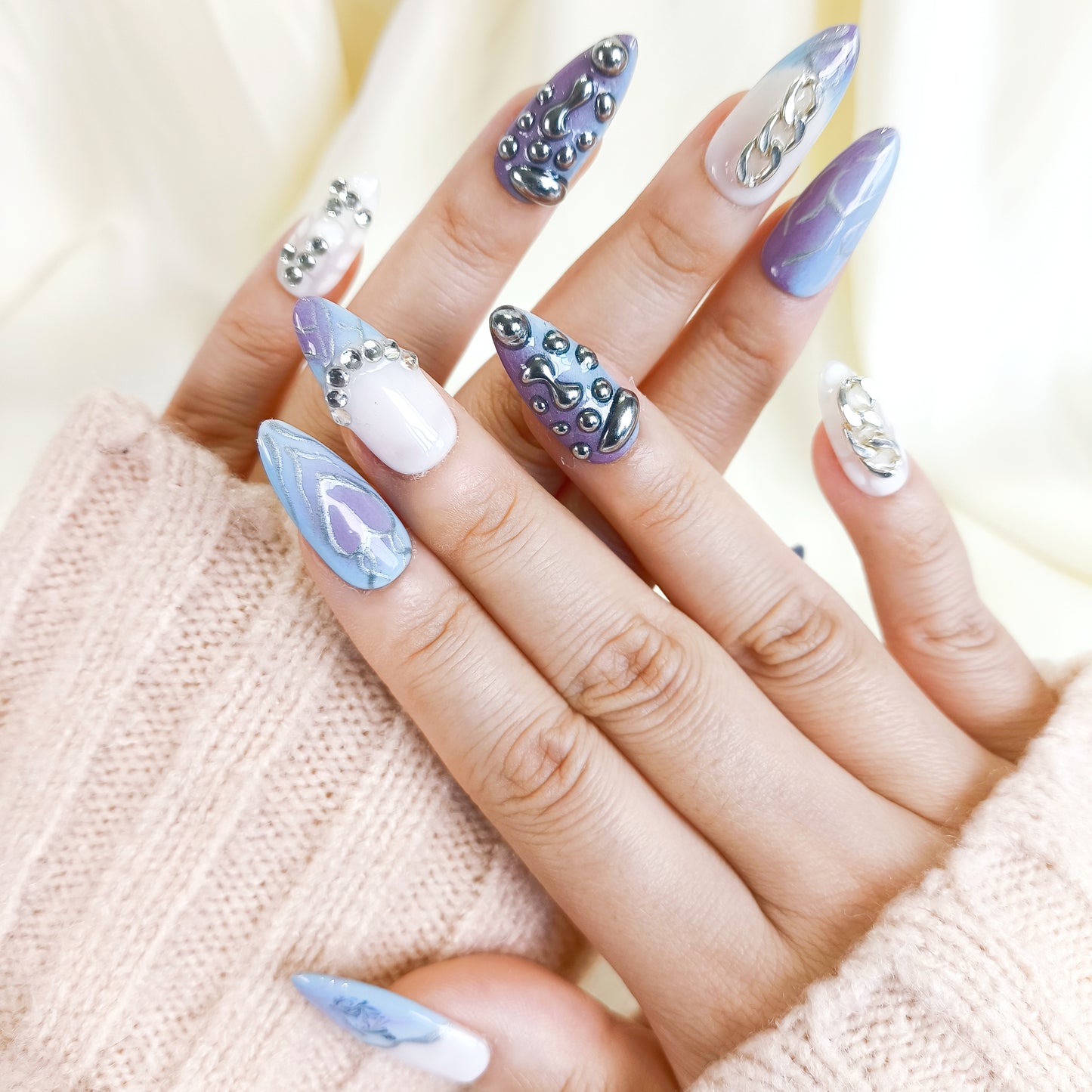 PO115 Purple Blue 3D silver chrome Press On Nails with chains