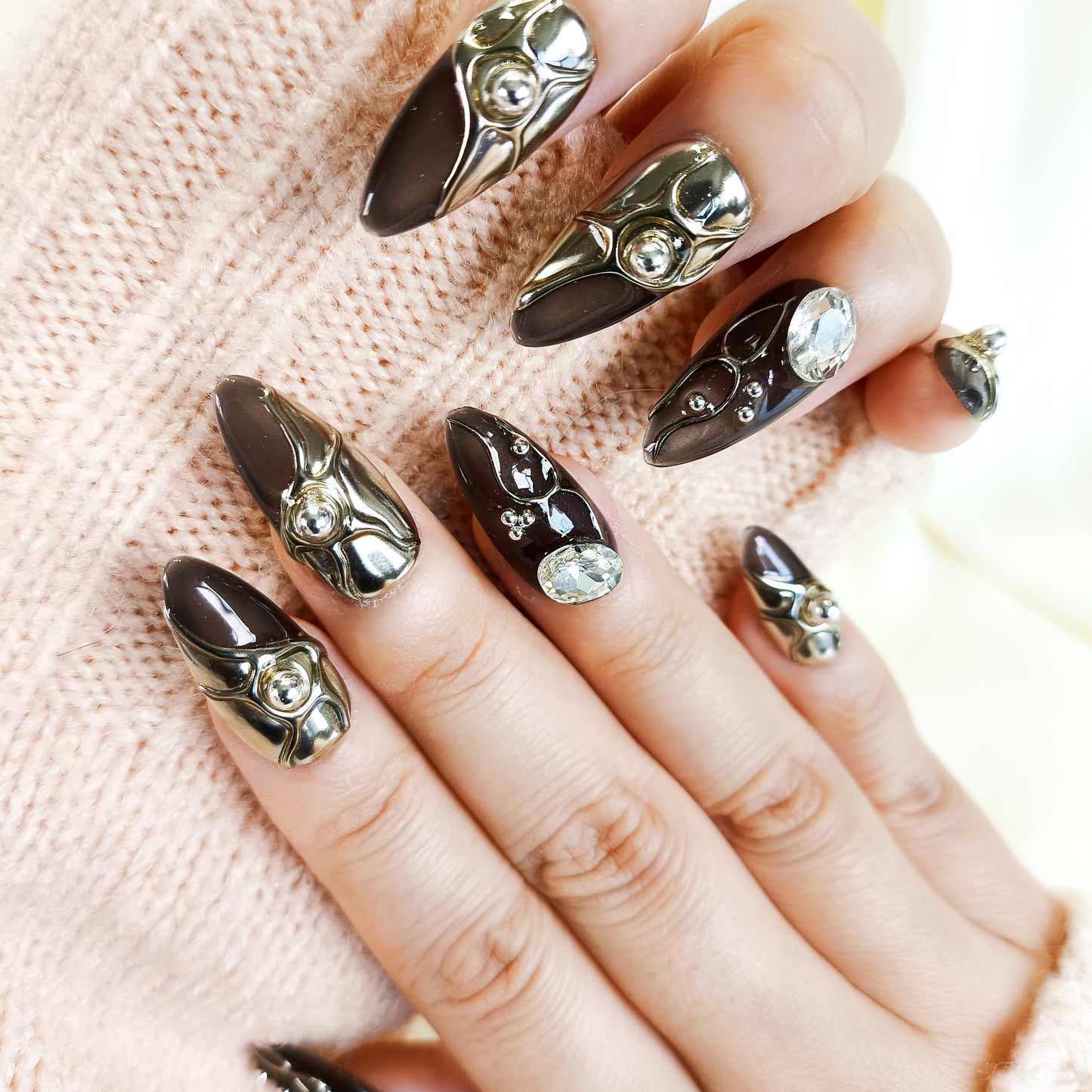 PO116 black Silver 3D Chrome Nails with Rhinestone gems