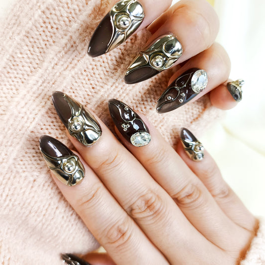 Black & Silver 3D Chrome with Rhinestone gems press on nails