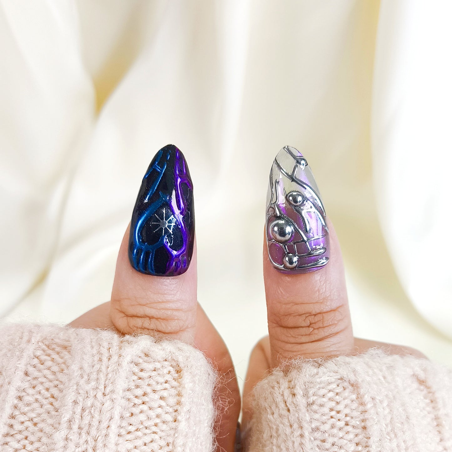 PO117 black & silver 3d chrome y2k press on nails