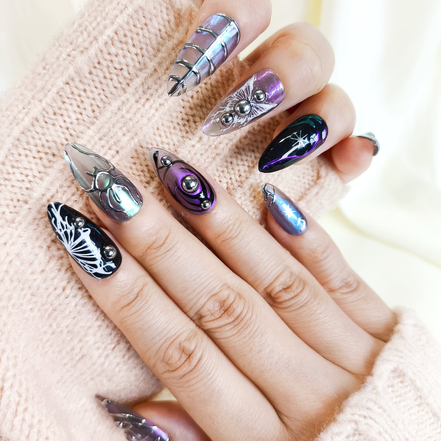 PO117 black & silver 3d chrome y2k press on nails