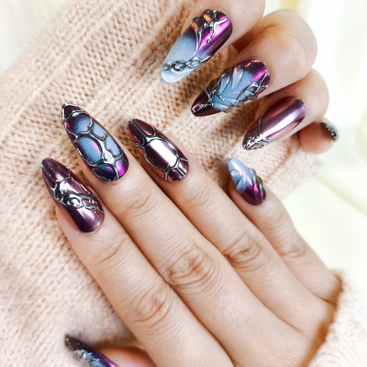 Gothic purple & silver chrome punk y2k press on nails RTS PO119