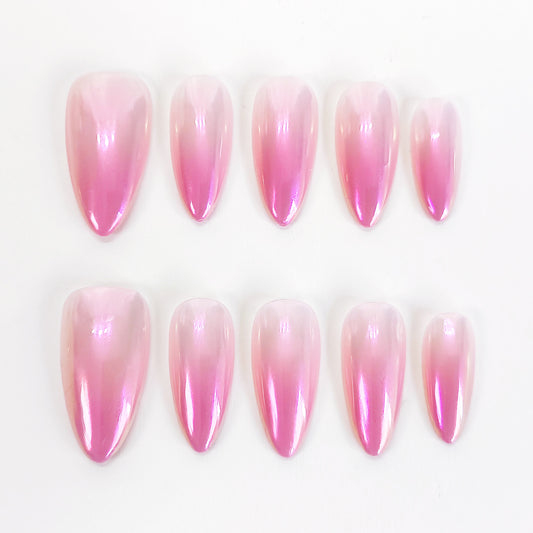 Pink ombre glazed chrome almond press on nails