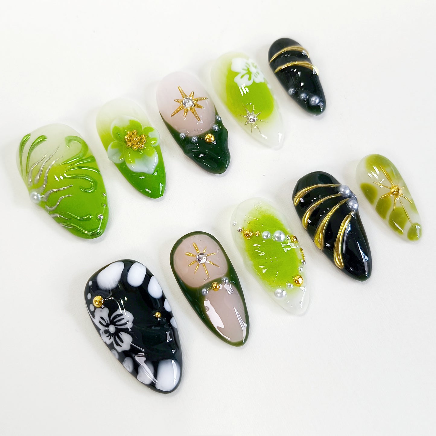 PO136 3d green flower chrome almond press on nails
