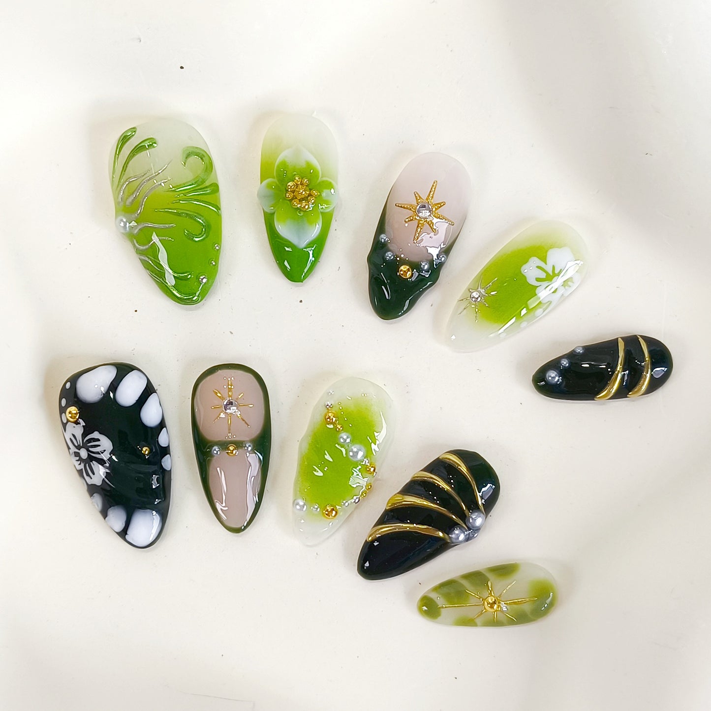 PO136 3d green flower chrome almond press on nails