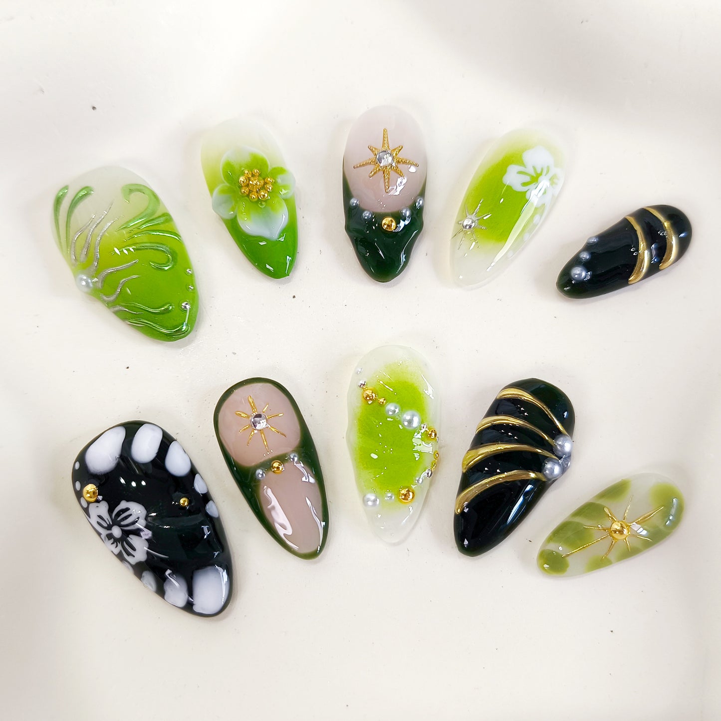 PO136 3d green flower chrome almond press on nails