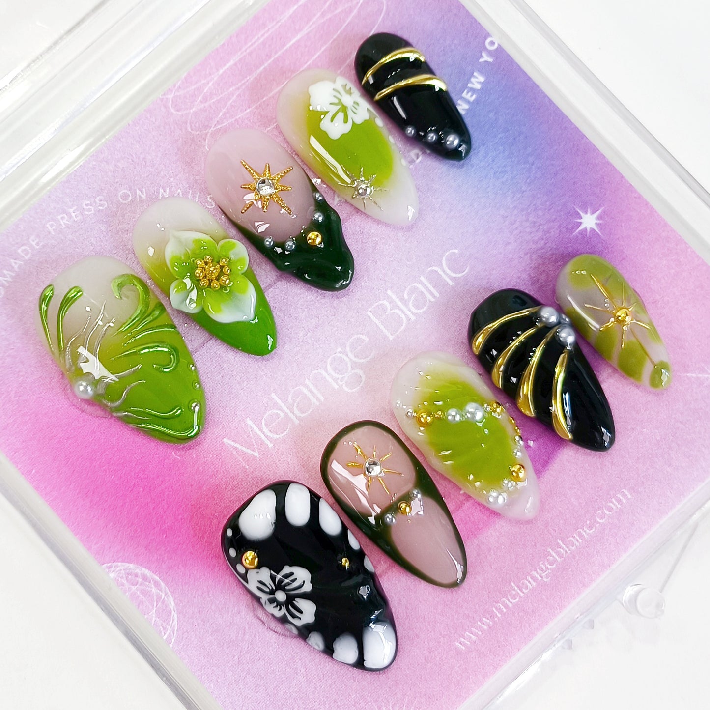 PO136 3d green flower chrome almond press on nails