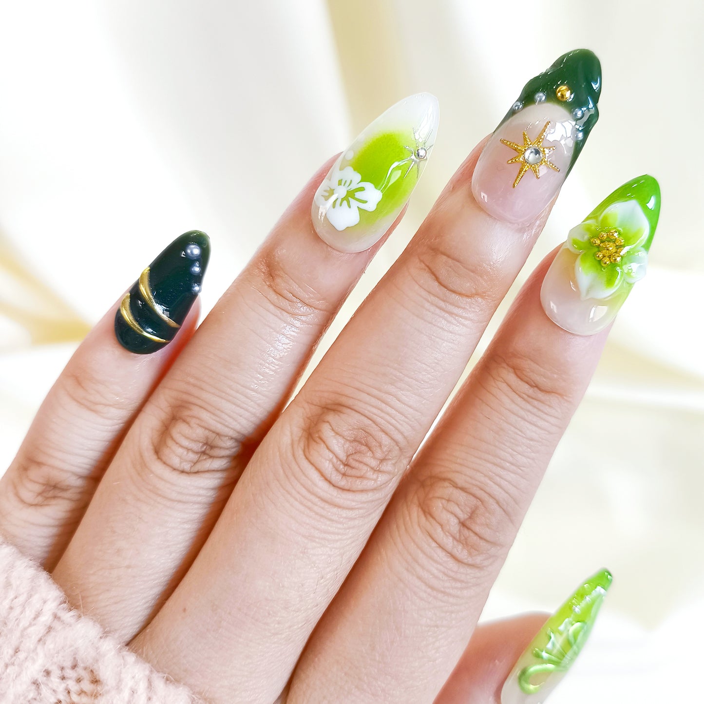 PO136 3d green flower chrome almond press on nails