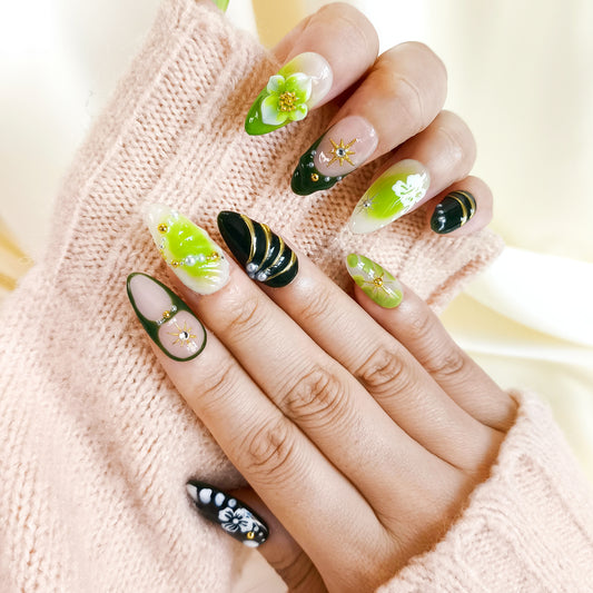 Green 3D flower chrome almond press on nails - RTS