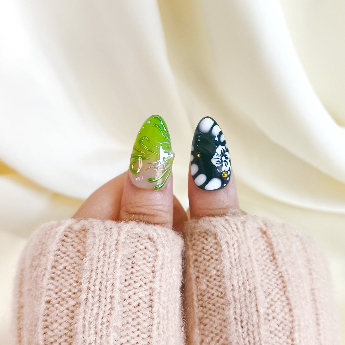 PO136 3d green flower chrome almond press on nails