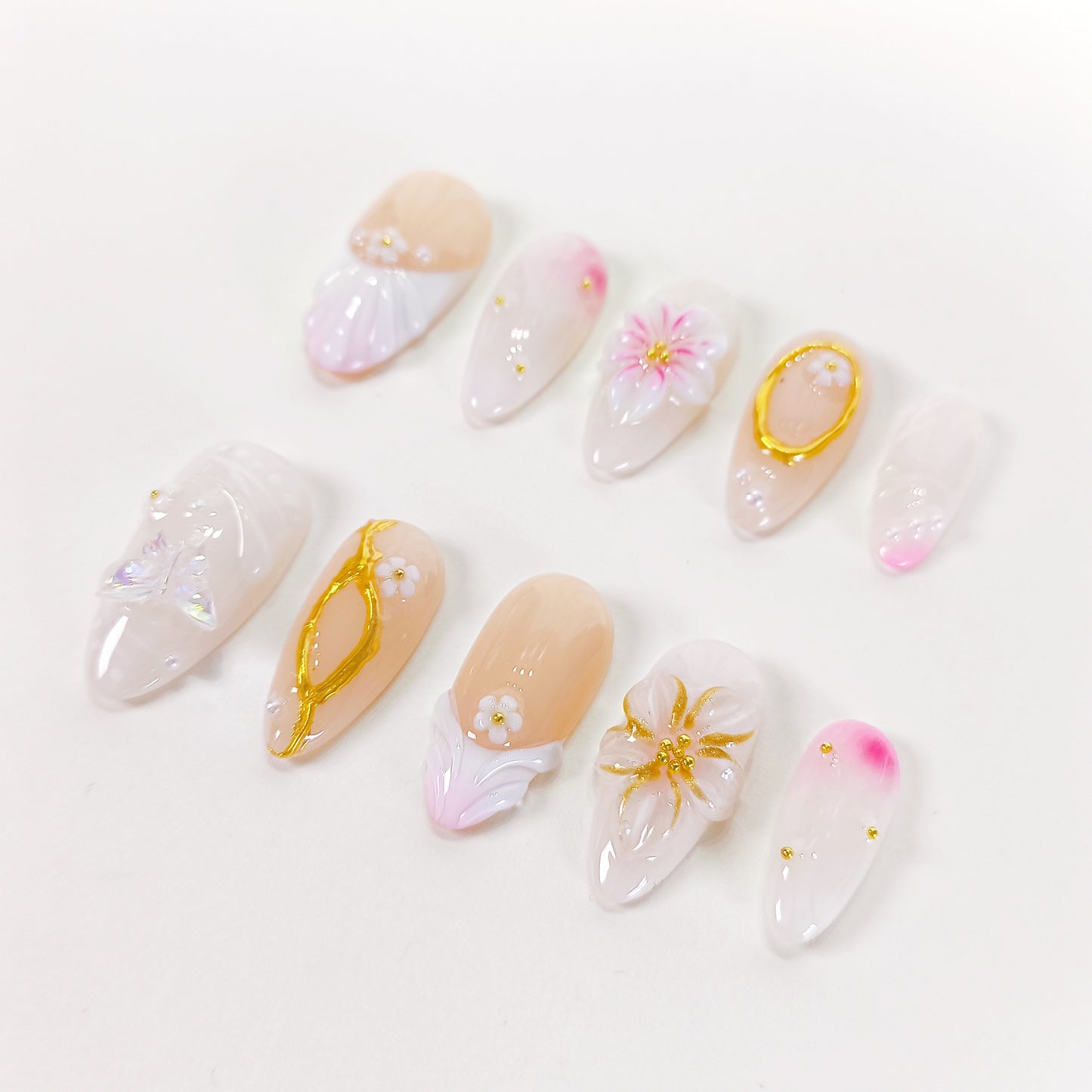 White flower 3d chrome press on nails - RTS