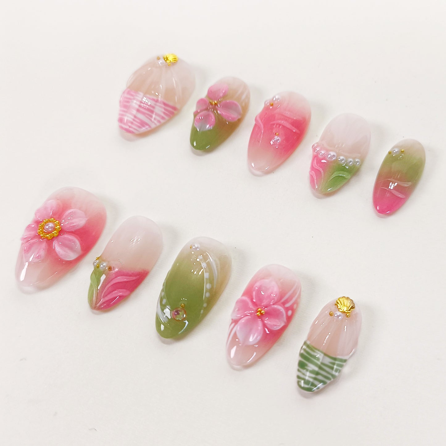 Pink & Green 3D Flower Short Almond Press on Nails - RTS