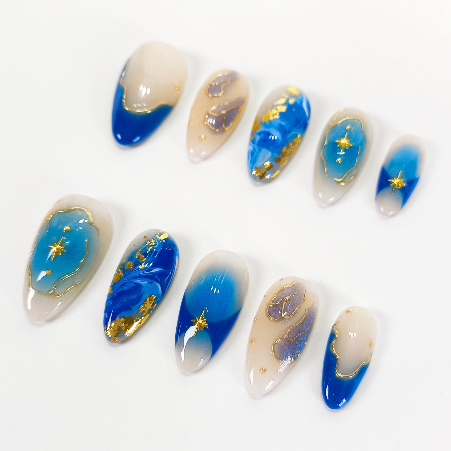 Blue ombre with gold chrome press on nails - RTS