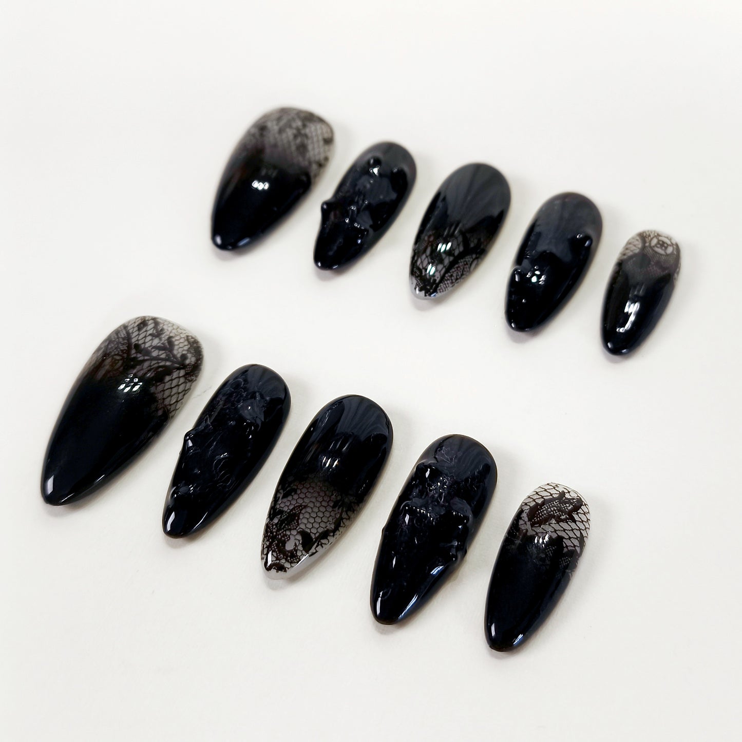 Black ombre lace flower press on nails - RTS