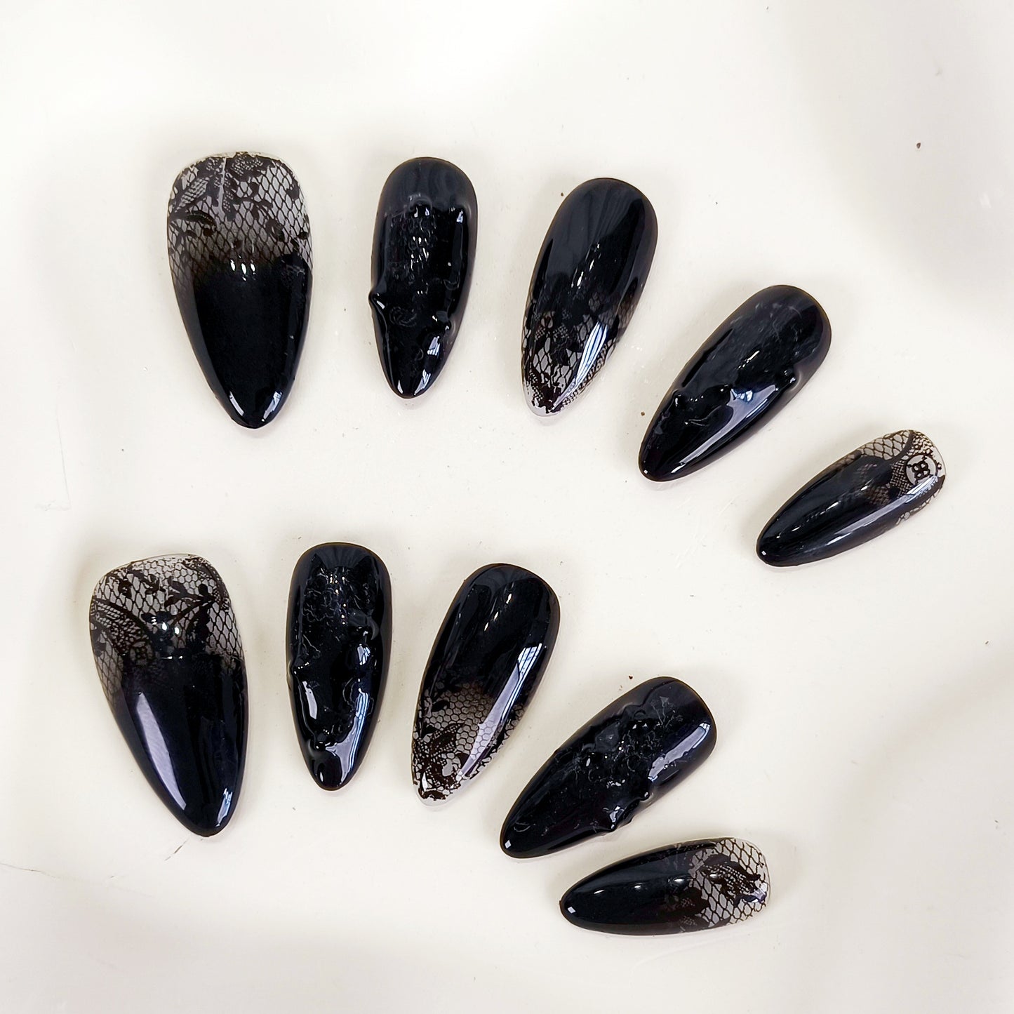 Black ombre lace flower press on nails PO139 - RTS