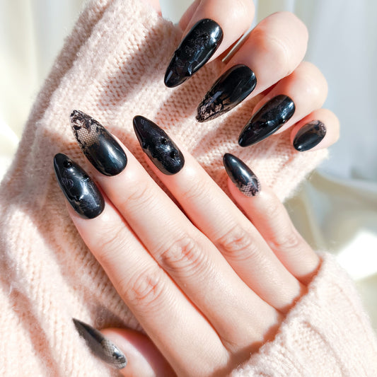 Black ombre lace flower press on nails